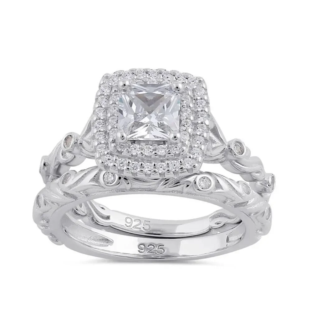 Sterling Silver Clear CZ Vintage Engagement Ring Set New